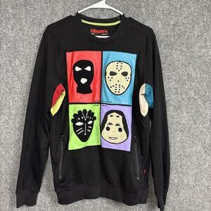 Ron Bass Sweatshirt Mens Size M Black Textured Pop Art Graphic Villain Masks